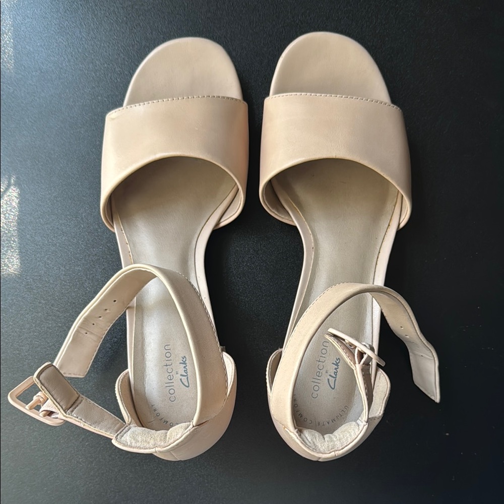 Clarks Tan Minimalist Block Heel Sandals with Ankle Strap